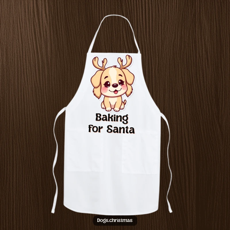 Funny Apron: A cheerful dog character wearing reindeer antlers, ready to assist in the kitchen with holiday spirit.