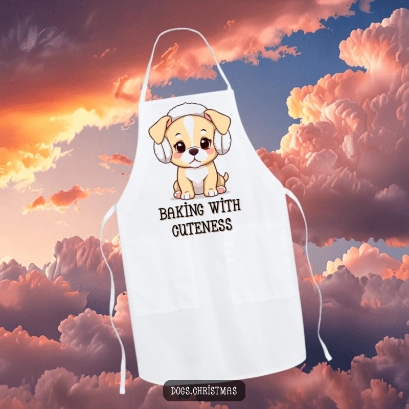 Funny Kawaii Puppy Apron: A humorous apron depicting a curious kawaii puppy wearing festive earmuffs, perfect for the kitchen.