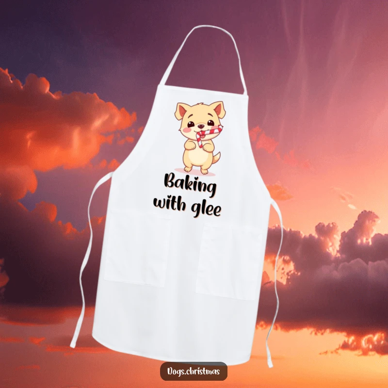 Funny Dog Apron featuring a cute kawaii dog doing a happy dance with a candy cane, perfect for holiday kitchen fun.