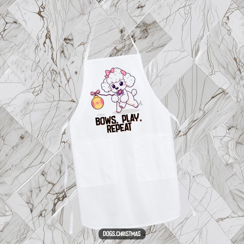 Funny Kawaii Poodle Apron: A cute poodle with bows playfully chases an ornament, a humorous and functional kitchen accessory.