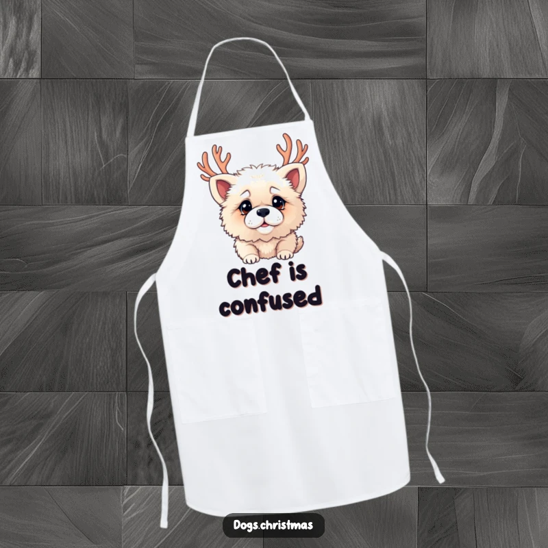 Funny kitchen apron with a fluffy dog wearing antlers and a confused look, perfect for holiday cooking.