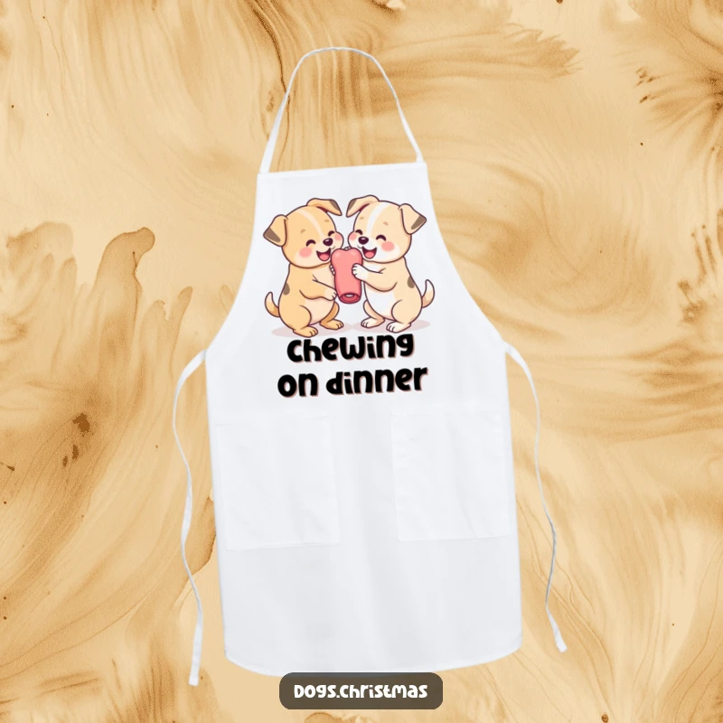Funny Dog Apron featuring two cute kawaii dogs playfully wrestling over a chew toy, great for kitchen fun and dog lovers.