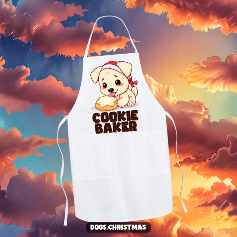 Funny Kawaii Dog Apron: A dog enjoys a glowing Christmas cookie, ideal for a funny and magical baking experience.