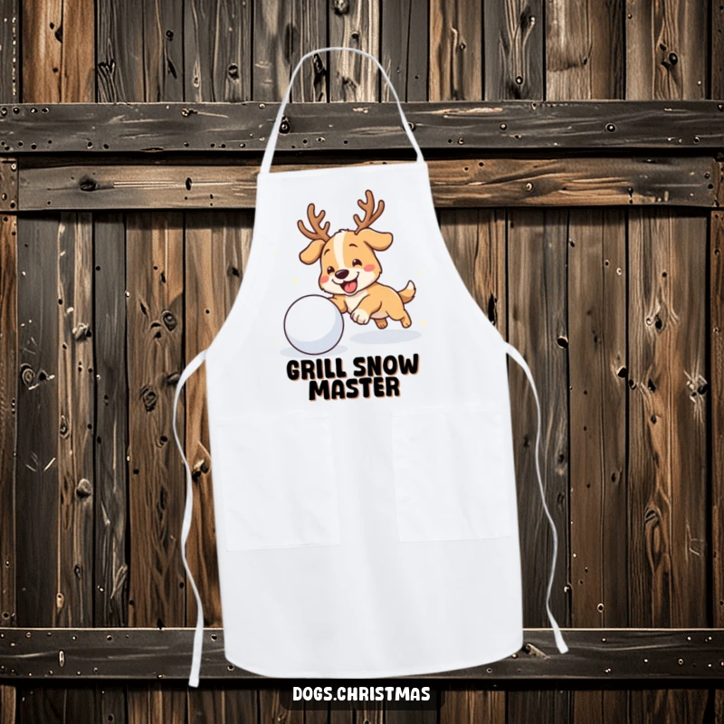 Funny antler dog apron showing a dog with antlers gleefully chasing a snowball, perfect for winter kitchen fun.