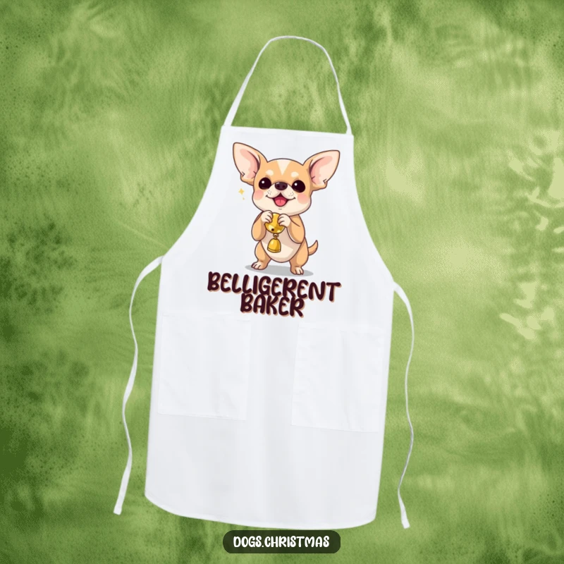 Funny chihuahua shaking a jingle bell toy, a humorous apron for any food-loving dog enthusiast.