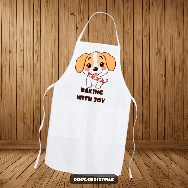 Funny Dog Candy Cane Apron showing a grinning dog with a candy cane, a humorous kitchen accessory.