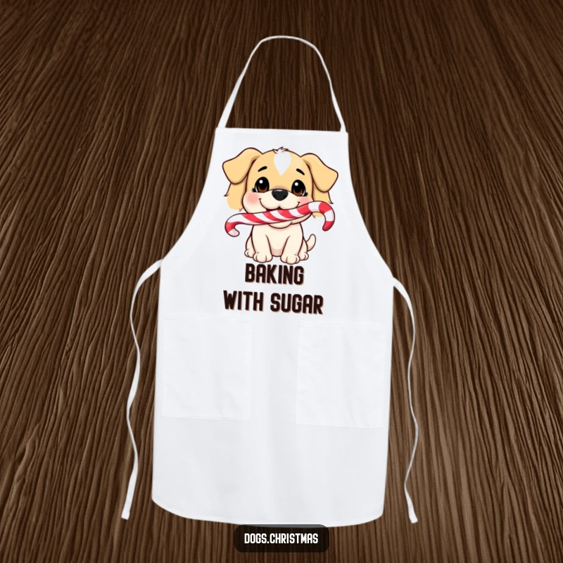 Funny Dog Apron: A humorous kitchen apron showing a happy dog smiling with a candy cane in its mouth, perfect for holiday baking.