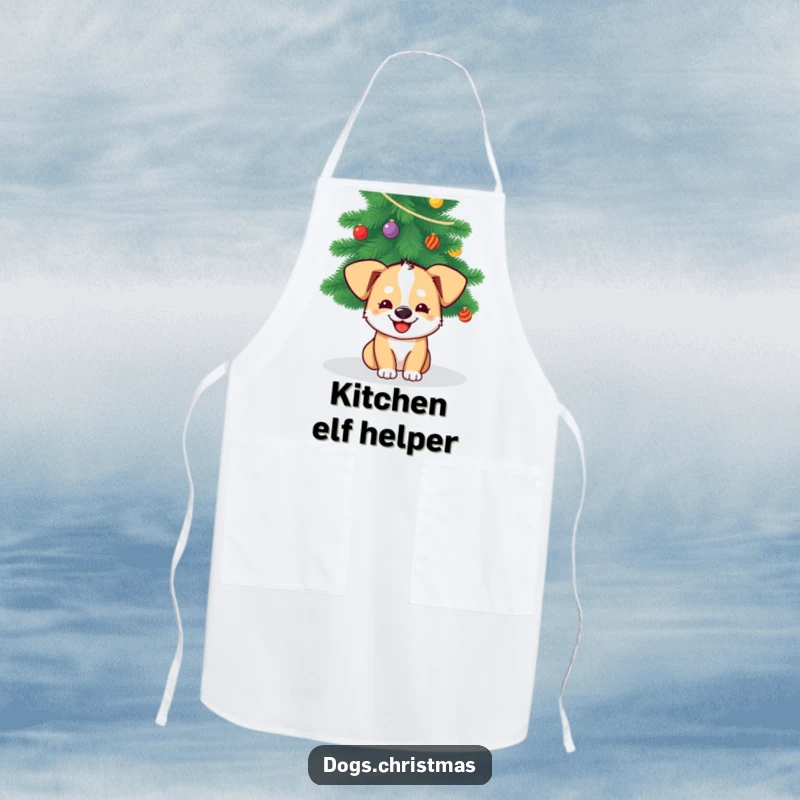 Funny Dog Christmas Apron: A grinning dog peeks from under a Christmas tree, perfect for cooks who enjoy holiday fun.