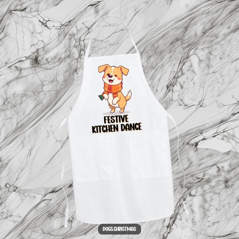 Funny Dog Apron: A humorous kitchen apron showing a happy dog wearing a festive scarf and doing a joyful prance.