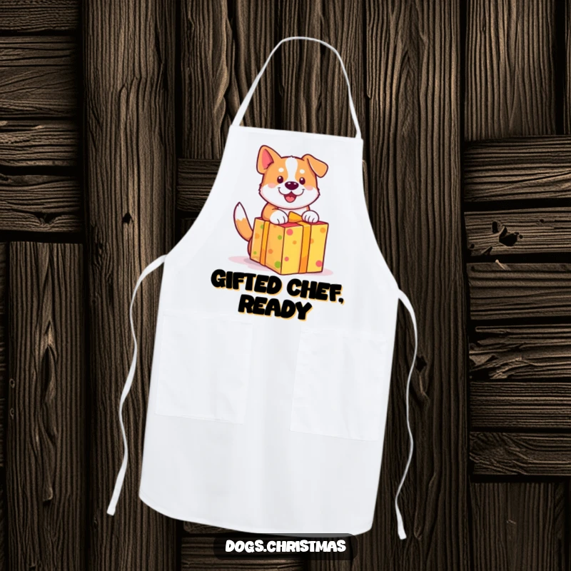 Funny dog apron, cute wagging tail, unwrapping a brightly colored gift with excitement, kitchen wear.