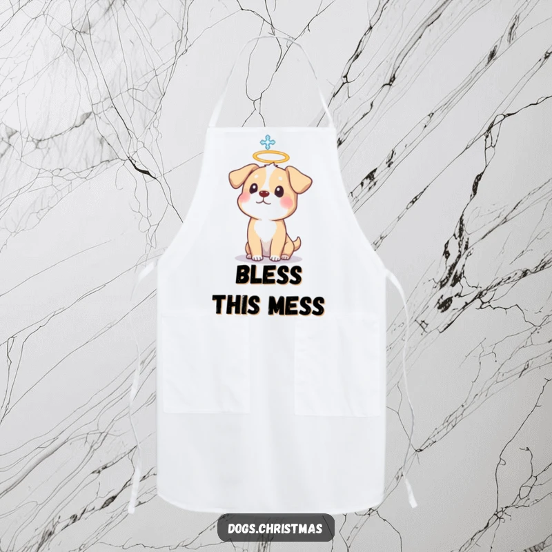 Funny Dog Halo Apron showing a surprised dog with a halo and a snowflake, a humorous kitchen accessory.