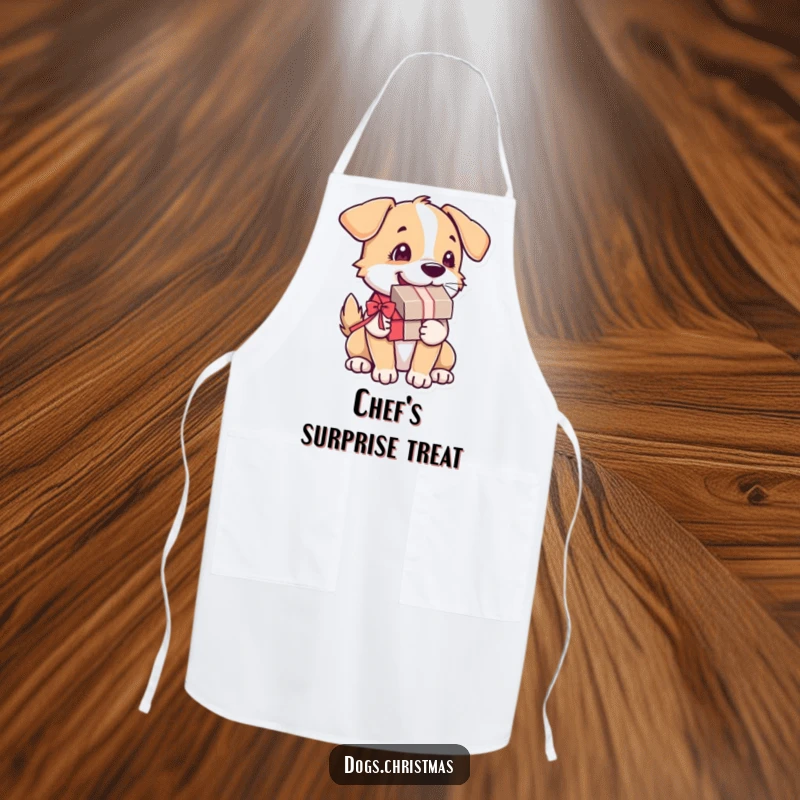 Funny Dog Apron: A dog holds a present, its tail a blur of happiness, perfect for dog-loving chefs in the kitchen.