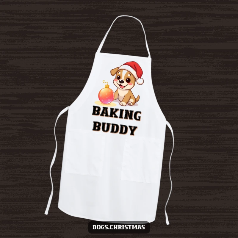 Funny dog apron, happy pup wearing tiny Santa hat, playing with a glowing Christmas ornament, ideal for holiday cooking.