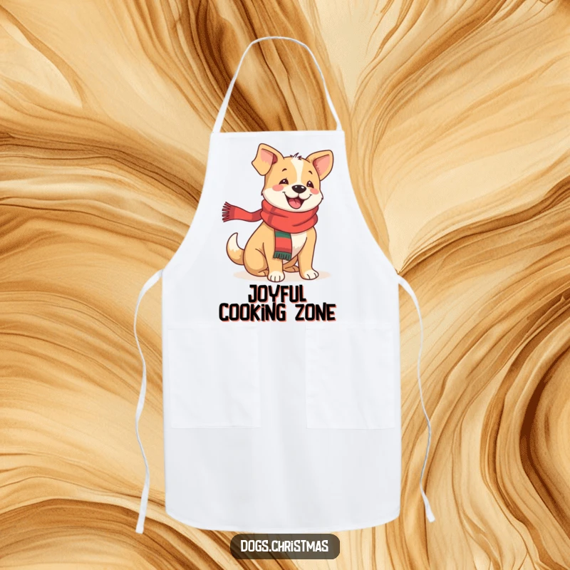 Funny festive dog apron showing a happy dog in a scarf, tail wagging with pure joy, perfect for happy cooking.