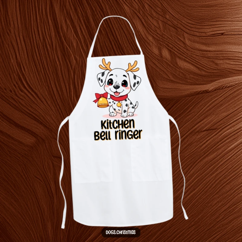 Funny Kawaii Dalmatian Apron: A dalmatian in reindeer antlers holds a jingling bell, a humorous and practical kitchen accessory.