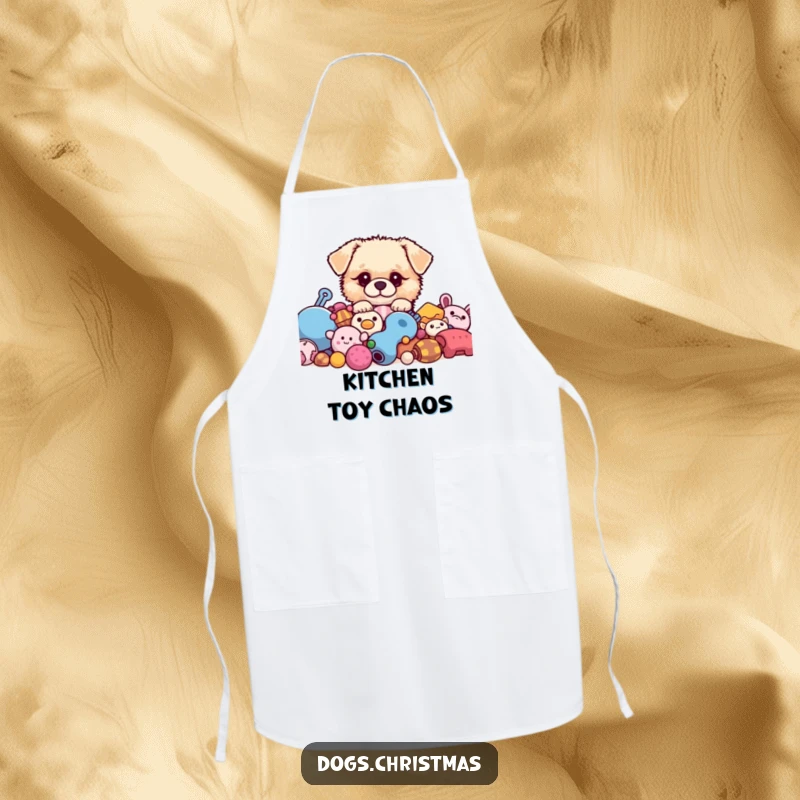 Funny kawaii dog wearing an apron, peeking from toys, cute kitchen accessory, perfect funny gift.