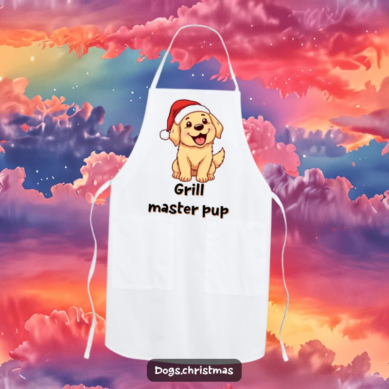 Funny, excited kawaii golden retriever in a Santa hat wagging its tail, mouth open, on a kitchen apron.