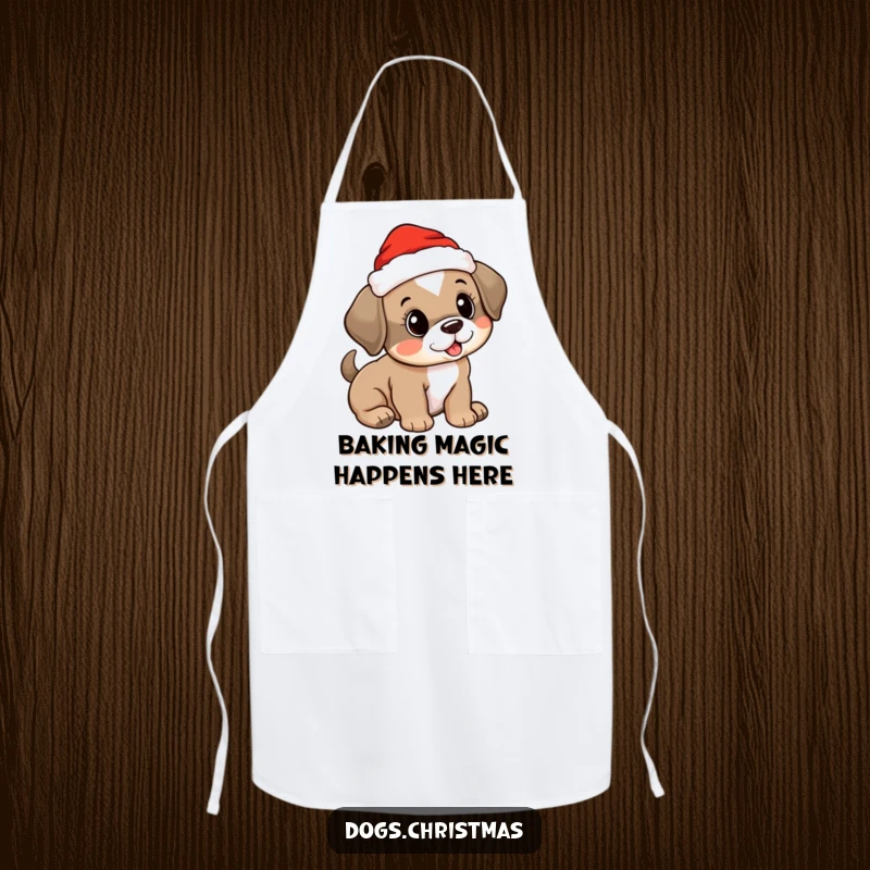 Funny cooking apron with a cute puppy wearing a Santa hat, ready for holiday kitchen adventures.