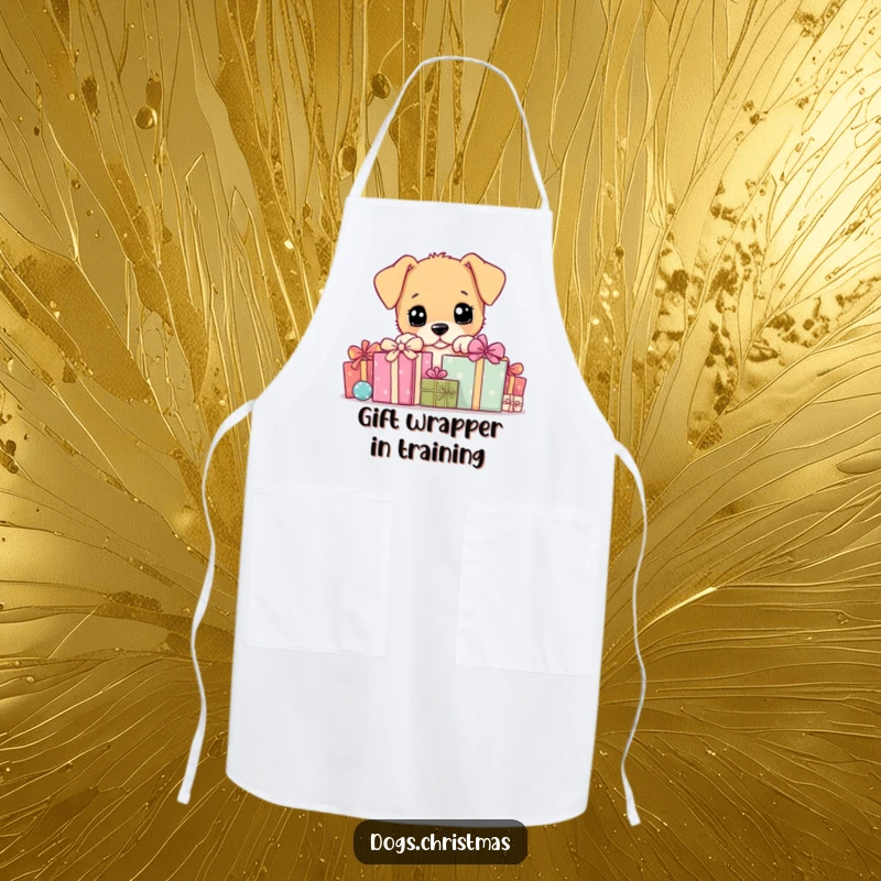 Funny Apron: A playful puppy peeking from behind wrapped gifts, ready to help in the kitchen with a smile.