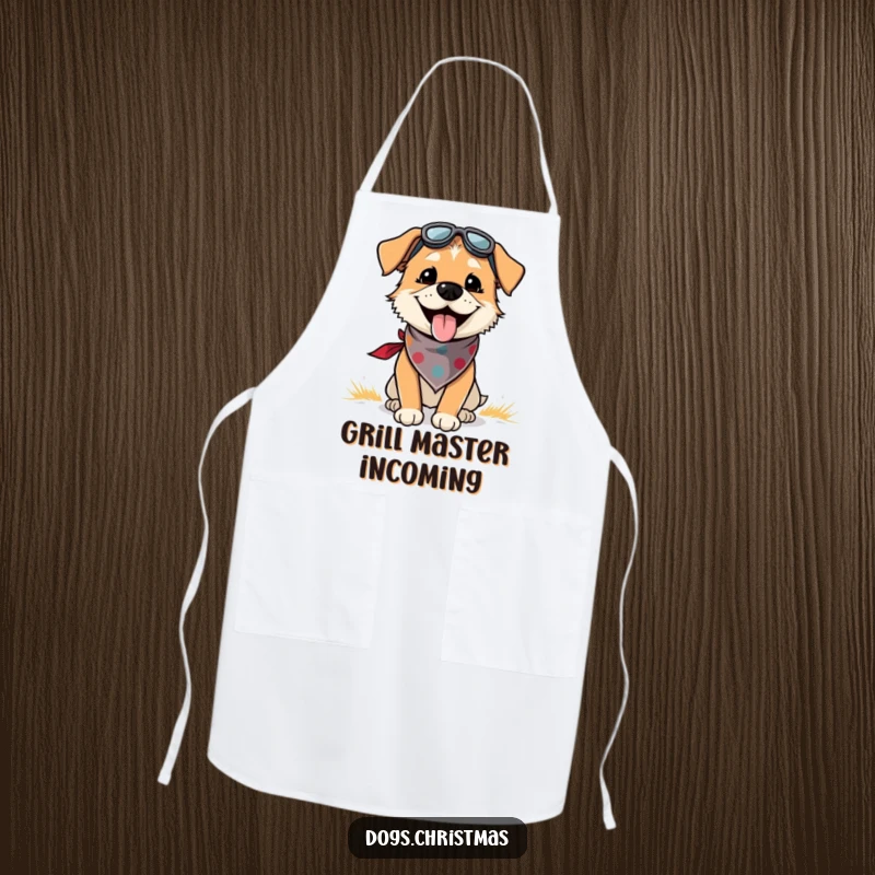 Funny apron with a dog wearing a bandana, panting with outdoor joy, perfect for cooking and kitchen humor.