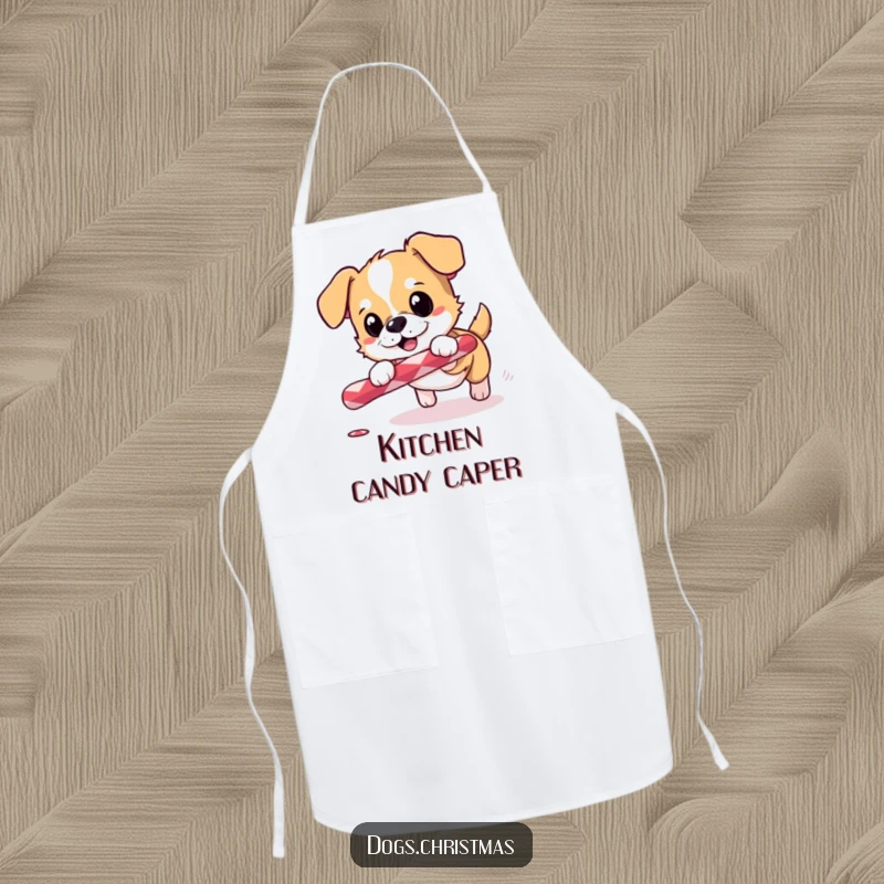 Funny cooking apron showing a small dog excitedly chasing a rolling candy cane, great for holiday baking.