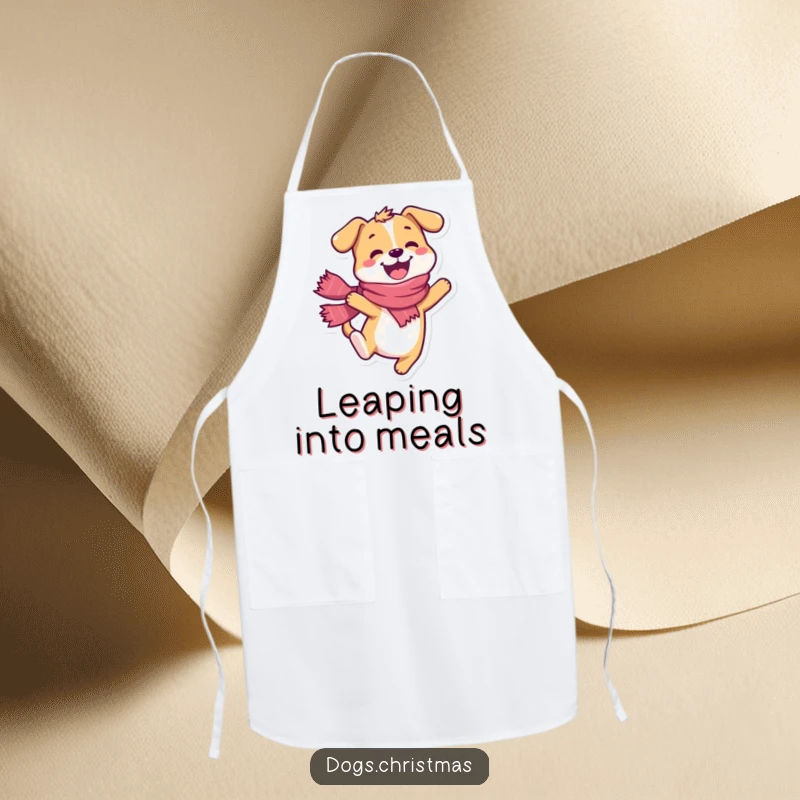 Funny dog apron, happy character wearing a scarf, doing a joyful leap, kitchen wear.