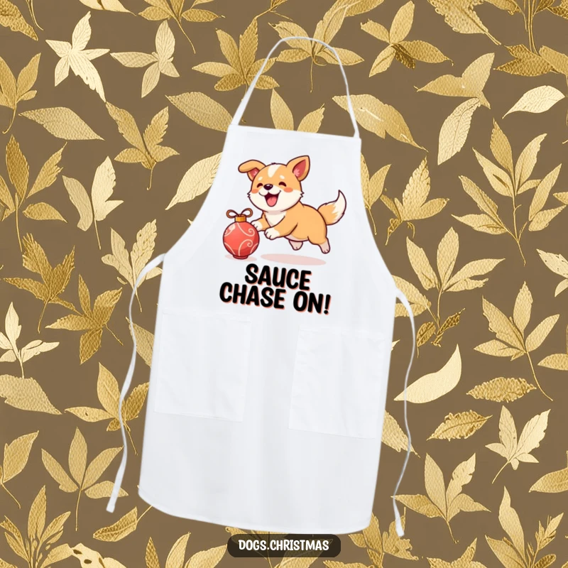 Funny kawaii dog wearing an apron, chasing an ornament, festive kitchen accessory, perfect funny gift.
