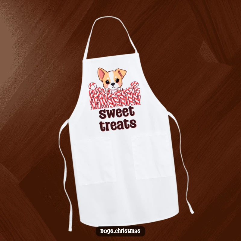 Funny dog apron, curious dog peeking from behind pile of candy canes, eyes wide, ideal for holiday baking and kitchen fun.