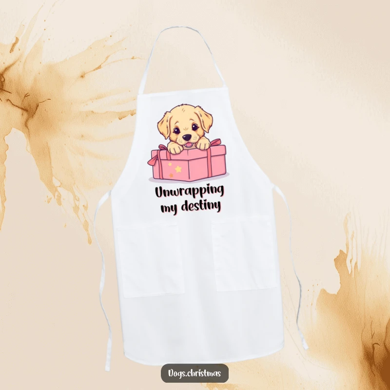 Funny apron with a golden retriever puppy comically pouncing on a wrapped gift, perfect for a playful baker or chef.