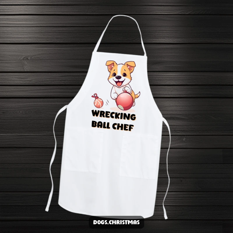 Funny Dog Apron: A dog gleefully pursues a rolling Christmas ornament, symbolizing holiday excitement and a love for playful kitchen chaos.