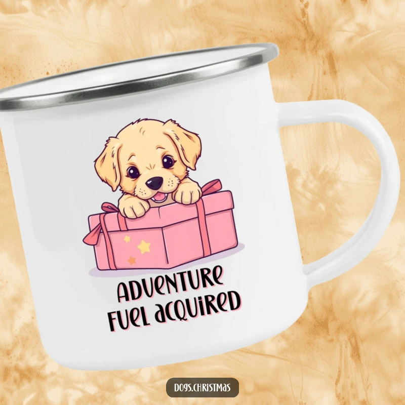 Funny camping mug with a golden retriever puppy enthusiastically pouncing on a wrapped gift, bringing outdoor fun and doggy joy.