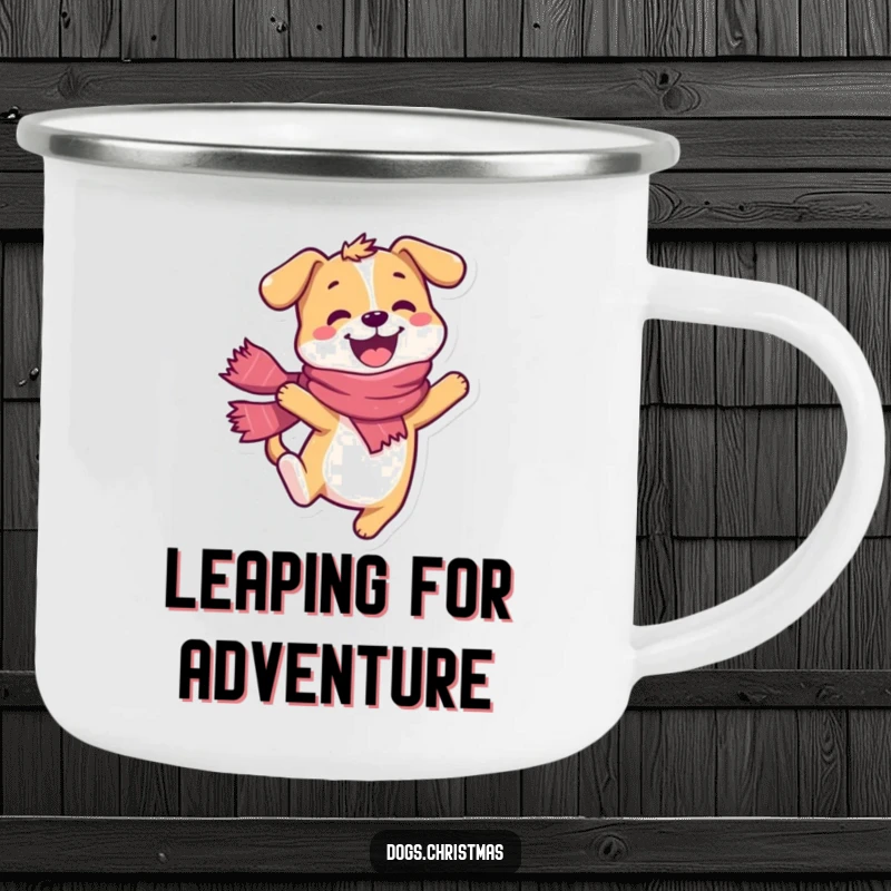 Funny dog camping mug, happy character wearing a scarf, doing a joyful leap, durable for outdoors.