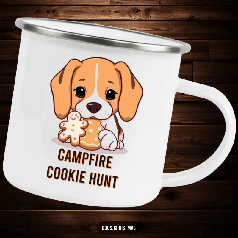 Funny Beagle Camping Mug: A beagle sniffs a gingerbread cookie with intense focus, perfect for enjoying treats outdoors humorously.