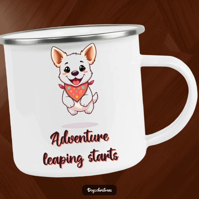 Funny enamel camping mug with a dog in a festive bandana, performing a happy jump, perfect for outdoor holidays.