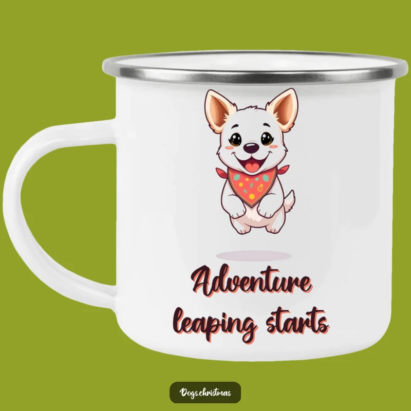 Funny Camp Mug: Happy Dog Jump, Festive Bandana Adventure, Holiday Gift