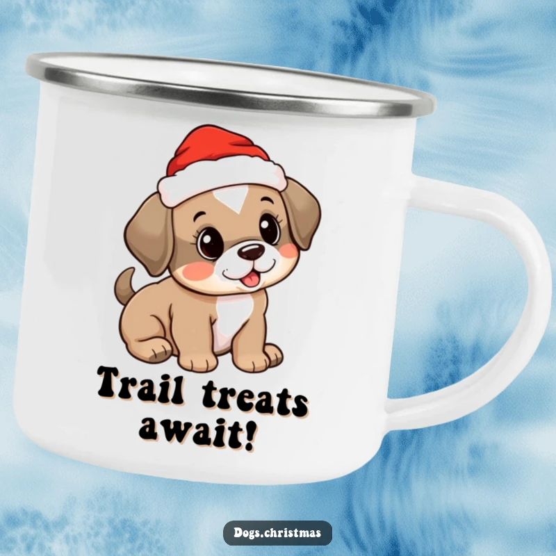 Funny enamel camping mug with a cute puppy in a Santa hat, perfect for holiday outdoor excursions.