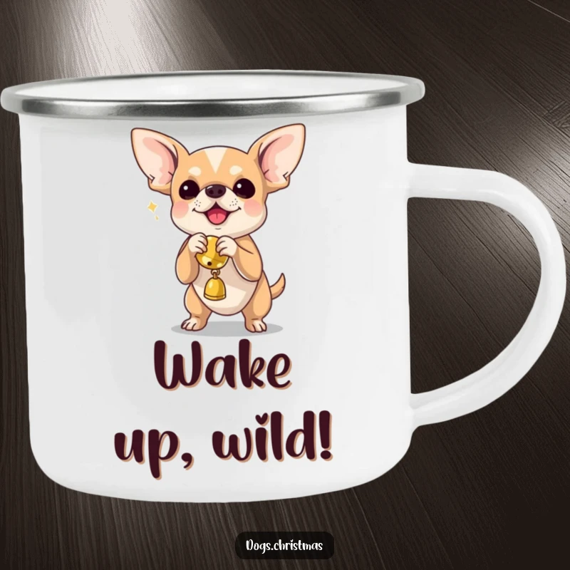 Funny chihuahua shaking a jingle bell toy on a durable camping mug, perfect for outdoor fun.