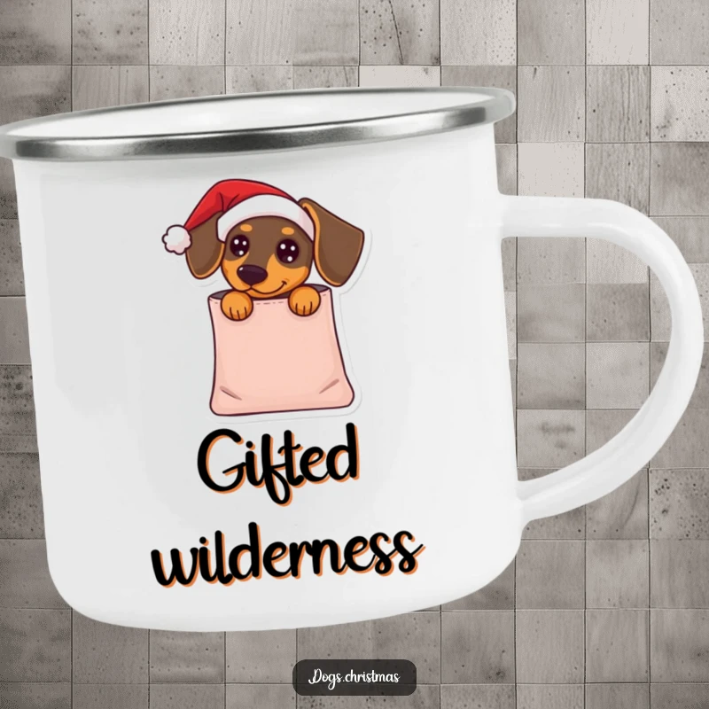 Funny Dachshund Camping Mug: A dachshund in a Santa hat peeks from a gift bag, perfect for enjoying holiday drinks humorously.