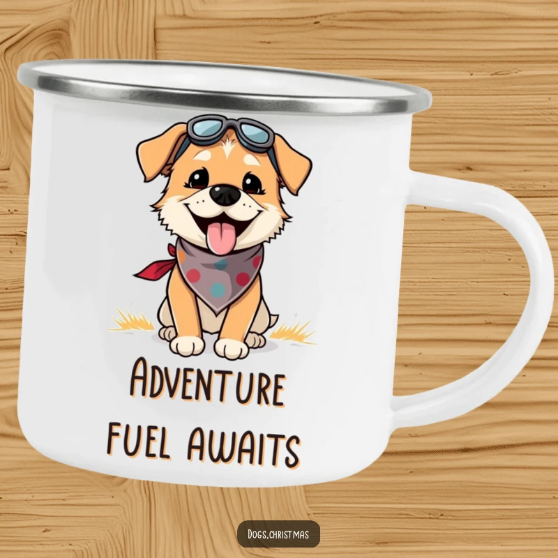 Funny camping mug with a dog wearing a bandana, panting with outdoor joy, durable and humorous for adventurers.