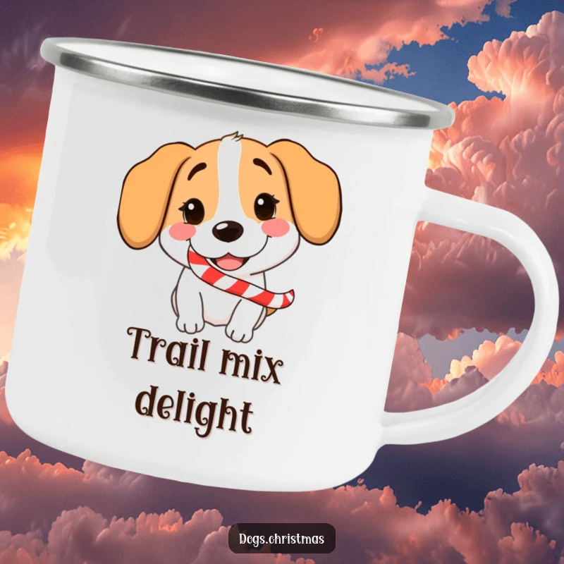 Funny Dog Candy Cane Camping Mug showing a grinning dog with a candy cane, perfect for outdoor holidays.