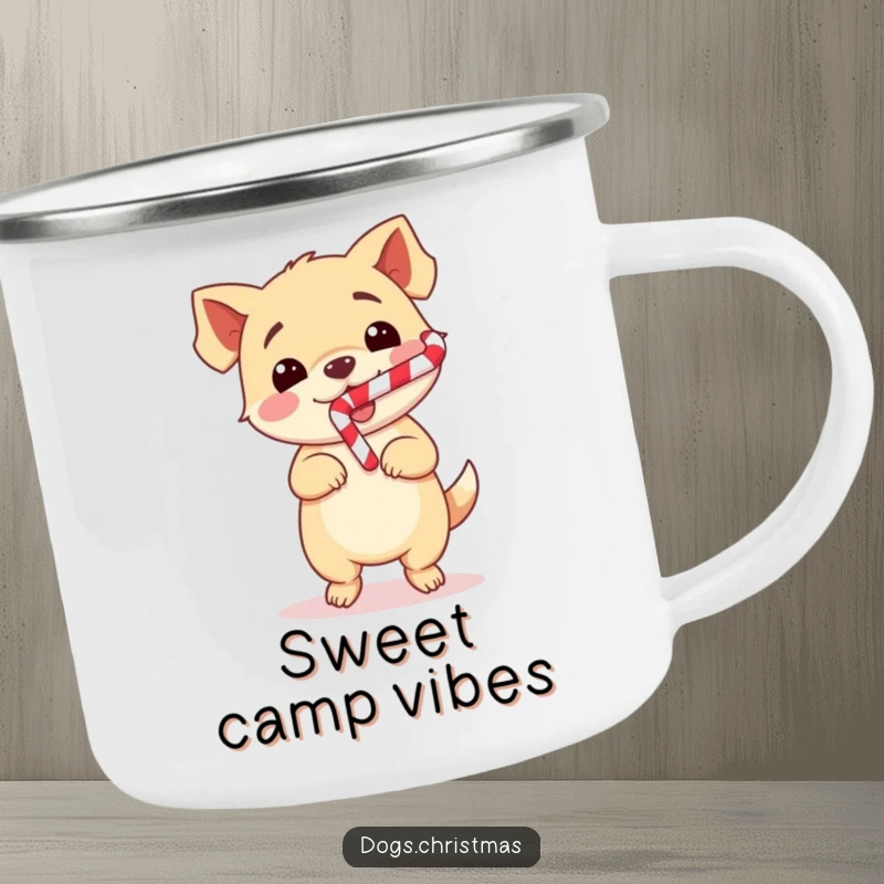 Funny Dog Camping Mug featuring a cute kawaii dog doing a happy dance with a candy cane, durable and perfect for holiday fun.