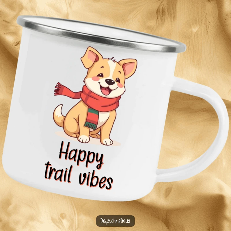 Funny festive dog enamel camping mug with a happy dog in a scarf, tail wagging with joy, ideal for outdoor fun.