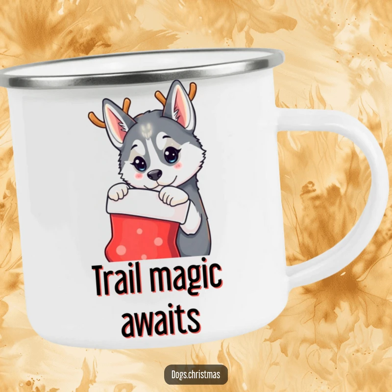 Funny camping mug featuring a husky dog wearing reindeer antlers, curiously observing a Christmas stocking, ideal for holiday journeys.