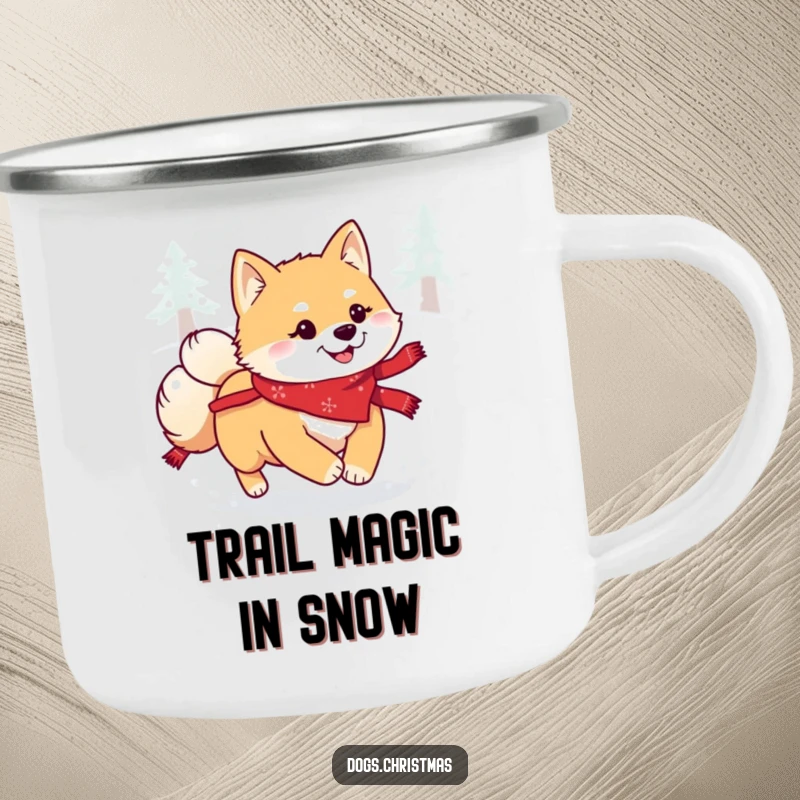 Funny Kawaii Shiba Inu Camping Mug: Festive bandana dog joyfully bounding through snow, perfect for outdoor holiday cheer.
