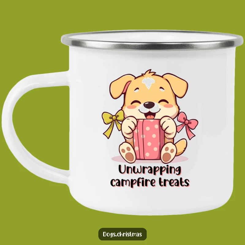 Funny Unwrapping Dog Camping Mug: Happy Paws Enamel Cup, Joyful Outdoor Gift