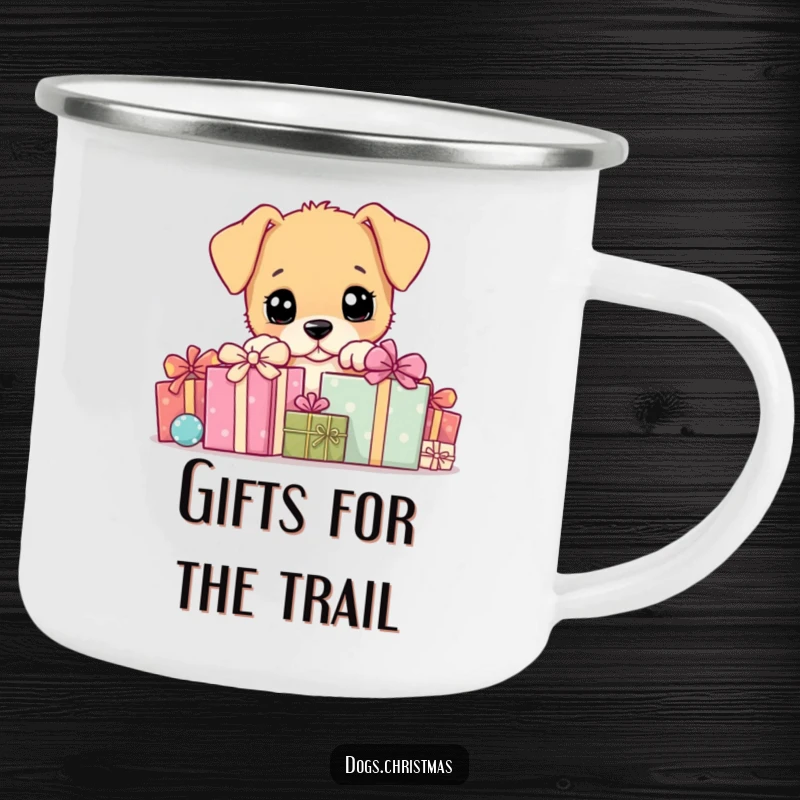 Funny Camping Mug: A delightful puppy peeking from behind gift boxes, ideal for adventurous souls.