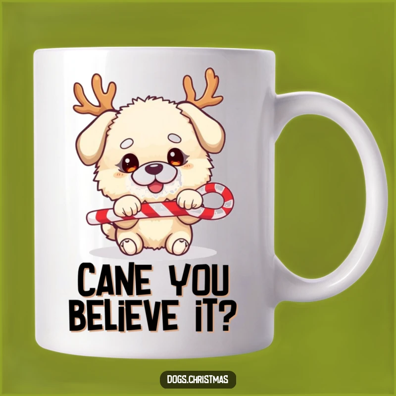 Funny Festive Dog Mug - Fluffy Antler Pup Candy Cane Gift