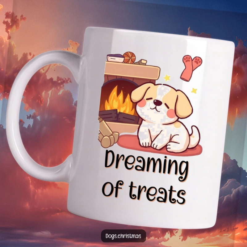 Funny Kawaii Dog Mug: A cute dog sleeps peacefully by a fireplace, dreaming with a gentle smile, perfect for cozy moments.