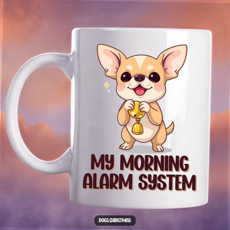 Funny chihuahua excitedly shaking a jingle bell toy, captured in a hilarious design perfect for dog lovers.