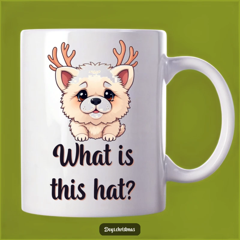 Funny Confused Dog Antlers Mug: Playful Canine Holiday Cheer, Great Gift